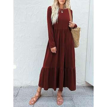 Mieazom Women's Long Sleeves Maxi Dress Casual Loose Tiered Flowy Swing Beach Long Dresses with Pockets Wine Red M