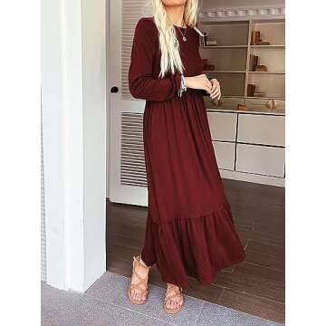 Mieazom Women's Long Sleeves Maxi Dress Casual Loose Tiered Flowy Swing Beach Long Dresses with Pockets Wine Red M