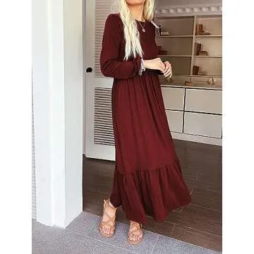 Mieazom Women's Long Sleeves Maxi Dress Casual Loose Tiered Flowy Swing Beach Long Dresses with Pockets Wine Red M