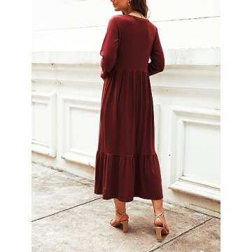 Mieazom Women's Long Sleeves Maxi Dress Casual Loose Tiered Flowy Swing Beach Long Dresses with Pockets Wine Red M