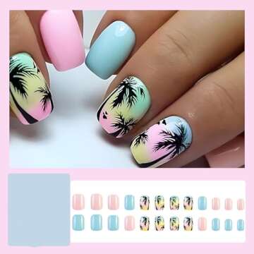 24 Pcs Short Square Press on Nails Colorful RIICFDD Fake Nails Summer Beach Style False Nails with C...