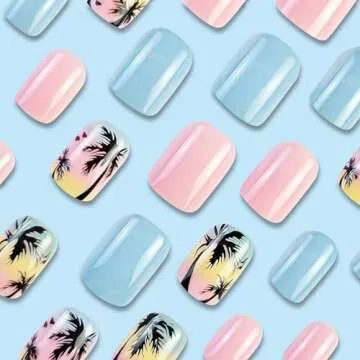 24 Pcs Short Square Press on Nails Colorful RIICFDD Fake Nails Summer Beach Style False Nails with Coconut Palm Designs Artificial Glossy Acrylic Nail Full Cover Glue on Nails for Women Girls