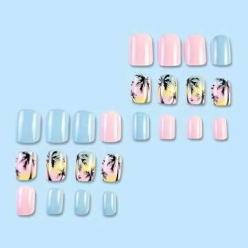 24 Pcs Short Square Press on Nails Colorful RIICFDD Fake Nails Summer Beach Style False Nails with Coconut Palm Designs Artificial Glossy Acrylic Nail Full Cover Glue on Nails for Women Girls