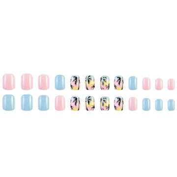 24 Pcs Short Square Press on Nails Colorful RIICFDD Fake Nails Summer Beach Style False Nails with Coconut Palm Designs Artificial Glossy Acrylic Nail Full Cover Glue on Nails for Women Girls