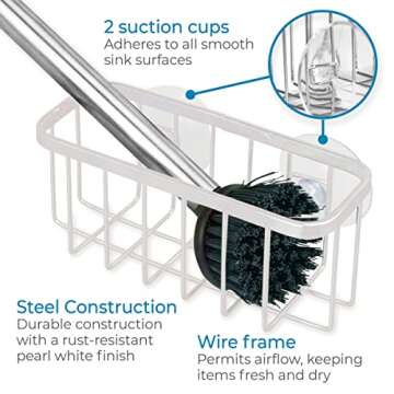 iDesign Rust-Resistant Stainless Steel Sponge Holder for Kitchen Sink with Suction Cups, The Gia Collection - Set of 1, Pearl White