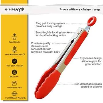 HINMAY Mini Tongs with Silicone Tips 7-Inch Serving Tongs, Set of 3 (Red Blue Green)