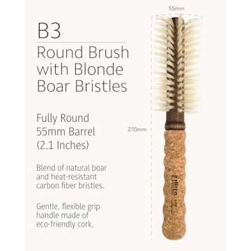 Ibiza Hair Boar Bristle Round Brush (B3-55mm) | Blonde Bristles & Cork Handle | Ideal for Color Treated Tresses | Beachy Waves & Volume | Adds Shine & Texture for Medium to Long Styles
