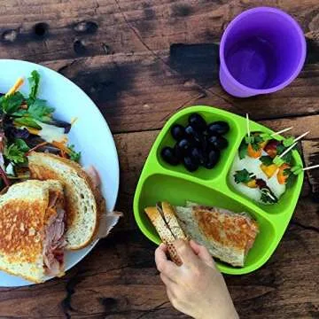 Re-Play Made in USA Toddler Dinnerware Set - No-Spill Sippy Cup, 7" Divided Plate, Rounded Tip Fork and Deep Scoop Spoon - Dishwasher/Microwave Safe Plastic Dinnerware Set - Pink
