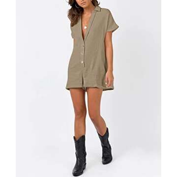 MIYIEONZ Women's Chic V Neck Button Romper with Pockets
