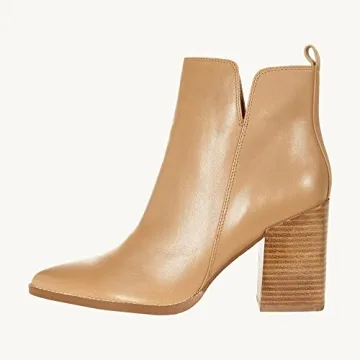 Juliet Holy Women's V Cut Ankle Boots Pointed Toe Stacked Chunky Heel Side Zipper Leather Cutout Western Booties
