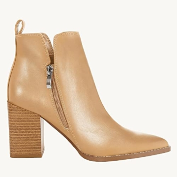 Juliet Holy Women's V Cut Ankle Boots Pointed Toe Stacked Chunky Heel Side Zipper Leather Cutout Western Booties