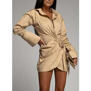 Kuraki Women's Classy Tie Front Wrap Work Shirt Dress L Khaki