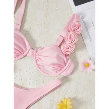 BEAUDRM 3D Flower Women’s Swimsuit Bikini Set - Pink