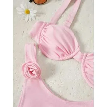 BEAUDRM 3D Flower Women’s Swimsuit Bikini Set - Pink