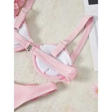 BEAUDRM 3D Flower Women’s Swimsuit Bikini Set - Pink