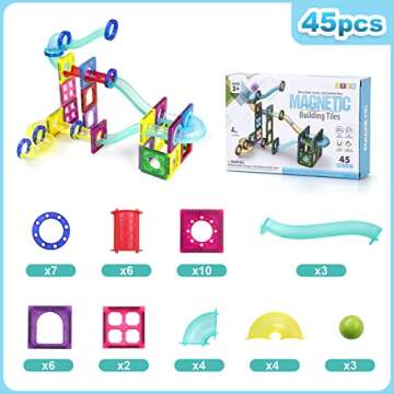 Marble Run Magnetic Tiles, 45pcs Marble Run Race Track 3D Magnetic Building Blocks, STEAM Educational Toy, Child Brain Development Kit Toy for Girls Boys Toddlers Kids Ages 3 4 5 6 7 8+