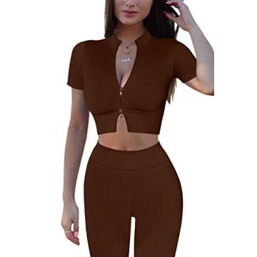 Mulisky Workout Sets for Women 2 Pieces Ribbed V Neck Zipper Yoga Crop Top with High Waist Leggings Exercise Outfits Brown M