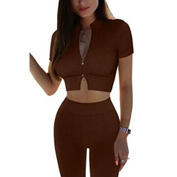 Mulisky Workout Sets for Women 2 Pieces Ribbed V Neck Zipper Yoga Crop Top with High Waist Leggings Exercise Outfits Brown M