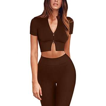 Mulisky Workout Sets for Women 2 Pieces Ribbed V Neck Zipper Yoga Crop Top with High Waist Leggings Exercise Outfits Brown M