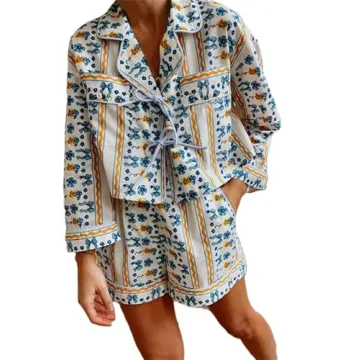 Thopavenoir Women Casual Lounge Set 2 Piece Pj Set 3/4 Sleeve Floral Printing Tie Front Shirt High W...