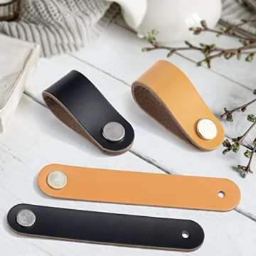 VIDELLY 6 Pieces Leather Pulls for Drawer, Handmade Leather Cabinet Handle Pulls Dresser Knobs with Screw Cupboard Door Decor, Khaki