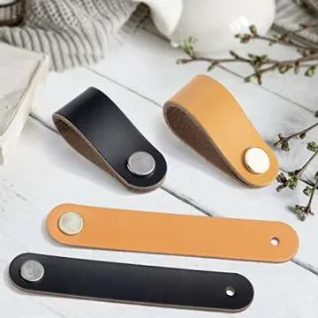 VIDELLY 6 Pieces Leather Pulls for Drawer, Handmade Leather Cabinet Handle Pulls Dresser Knobs with Screw Cupboard Door Decor, Khaki