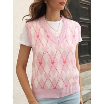 COOLOYA Women's Boho Print V Neck Sweaters Vest Sleeveless Y2K Knit Tops Pink L