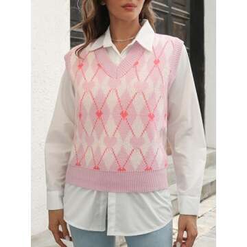 COOLOYA Women's Boho Print V Neck Sweaters Vest Sleeveless Y2K Knit Tops Pink L