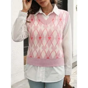 COOLOYA Women's Boho Print V Neck Sweaters Vest Sleeveless Y2K Knit Tops Pink L