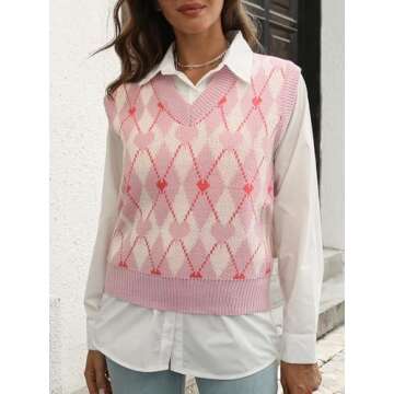 COOLOYA Women's Boho Print V Neck Sweaters Vest Sleeveless Y2K Knit Tops Pink L