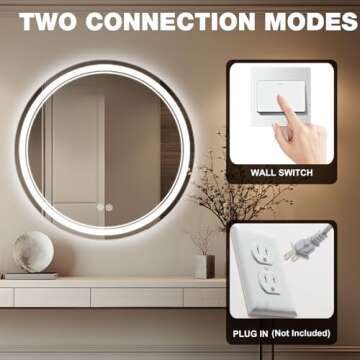Gralia 24" Round LED Bathroom Vanity Mirrors with Lights Smart Wall Mounted Circle Makeup Mirror with Anti-Fog Touch Button 3 Colors Dimmable Brightness and Memory Function