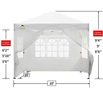 CROWN SHADES 10x10 Pop up Canopy Instant Commercial Canopy with 3 Removable Zipper End Sidewalls with Windows and one with a Center Door, Plus Wheeled Storage Bag, White