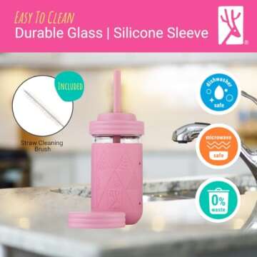 Elk and Friends Kids & Toddler Cups | The Original Glass Mason Jars 12 oz with Silicone Sleeves & Straws | Smoothie Spill Proof Cups