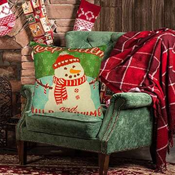 Rophomor Vintage Christmas Pillow Covers 18x18 Inch Snowman Rustic Farmhouse Linen Throw Pillow Covers Cushion Covers for Living Room Porch Couch Sofa Christmas Decorations Indoor