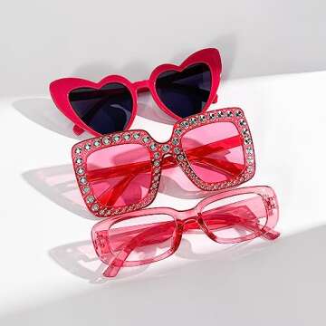 Pibupibu 3 Pack Hot Pink Sunglasses for Women Set Trendy Retro Y2k Style Heart Rectangle Rhinestone Sunglasses Party Favors