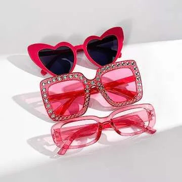 Pibupibu 3 Pack Hot Pink Sunglasses for Women Set Trendy Retro Y2k Style Heart Rectangle Rhinestone Sunglasses Party Favors