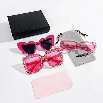 Pibupibu 3 Pack Hot Pink Sunglasses for Women Set Trendy Retro Y2k Style Heart Rectangle Rhinestone Sunglasses Party Favors