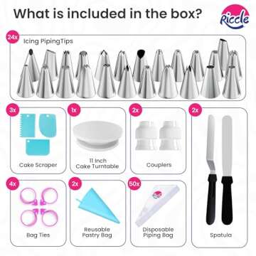 Riccle 88 pcs Cake Decorating Kit with Cake Turntable - Includes 50 Disposable + 2 Reusable Piping Bags and Tips Set, 24 Icing Piping Tips, 2 Spatulas, 3 Icing Comb Scraper, Baking Supplies