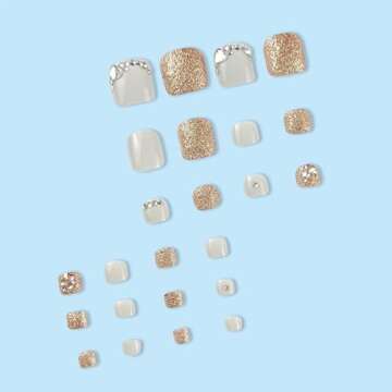 Press on Toenails Rhinestones Fake Toe Nails Bling False Toenails Glossy Full Cover Acrylic Toenails with Design Glod Glitter Toe Press on Nails Toe Nail Press ons for Women Manicure 24Pcs