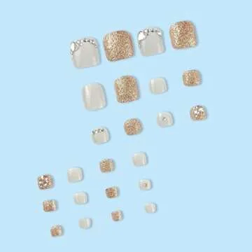 Press on Toenails Rhinestones Fake Toe Nails Bling False Toenails Glossy Full Cover Acrylic Toenails with Design Glod Glitter Toe Press on Nails Toe Nail Press ons for Women Manicure 24Pcs