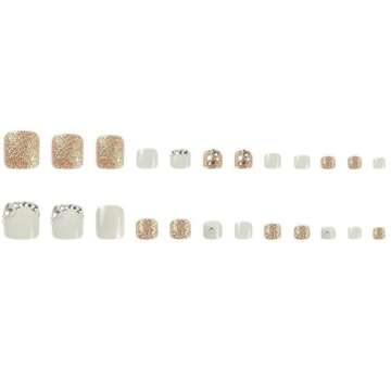 Press on Toenails Rhinestones Fake Toe Nails Bling False Toenails Glossy Full Cover Acrylic Toenails with Design Glod Glitter Toe Press on Nails Toe Nail Press ons for Women Manicure 24Pcs
