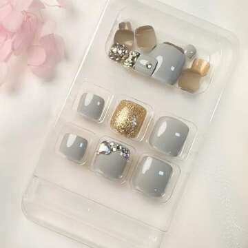 Press on Toenails Rhinestones Fake Toe Nails Bling False Toenails Glossy Full Cover Acrylic Toenails with Design Glod Glitter Toe Press on Nails Toe Nail Press ons for Women Manicure 24Pcs