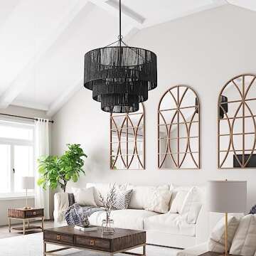 Farmhouse Matte Black Rope Paper Craft Light Hand-Woven Hanging Lamp Iron Dimmable