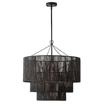 Farmhouse Matte Black Rope Paper Craft Light Hand-Woven Hanging Lamp Iron Dimmable