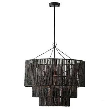 Farmhouse Matte Black Rope Paper Hanging Lamp