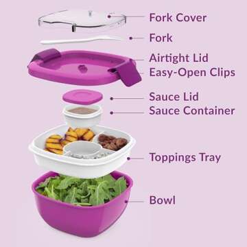 Bentgo Salad Container - 54 oz Bowl with 4-Compartment Toppings Tray, Leak-Proof Dressing Container, Reusable Fork, BPA-Free Lunch Box for Meal Prep & Food Storage; Removable Bento Tray (Purple)
