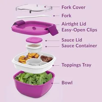 Bentgo Salad Container - 54 oz Bowl with 4-Compartment Toppings Tray, Leak-Proof Dressing Container, Reusable Fork, BPA-Free Lunch Box for Meal Prep & Food Storage; Removable Bento Tray (Purple)