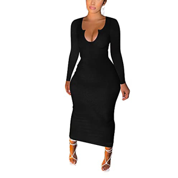 MOEENCN Women Bodycon Long Sleeve Sexy V-Neck Maxi Long Dress Club Cocktail Midi Dress XX-Large