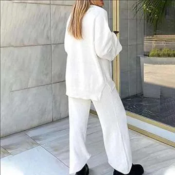 Womens Fuzzy Fleece Pajamas Sets 2 Piece Oversized Sweater Top and Pants Set Cozy Soft Warm Plush Loungewear Outfit White