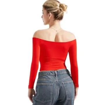 SUUKSESS Women Off The Shoulder Double Lined Long Sleeve Shirts Fitted Y2k Basic Going Out Tops (Dream Red, XS)